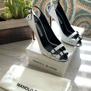 ♦️SOLD Manolo Blahnik White/Black BuckleSlingback Heels